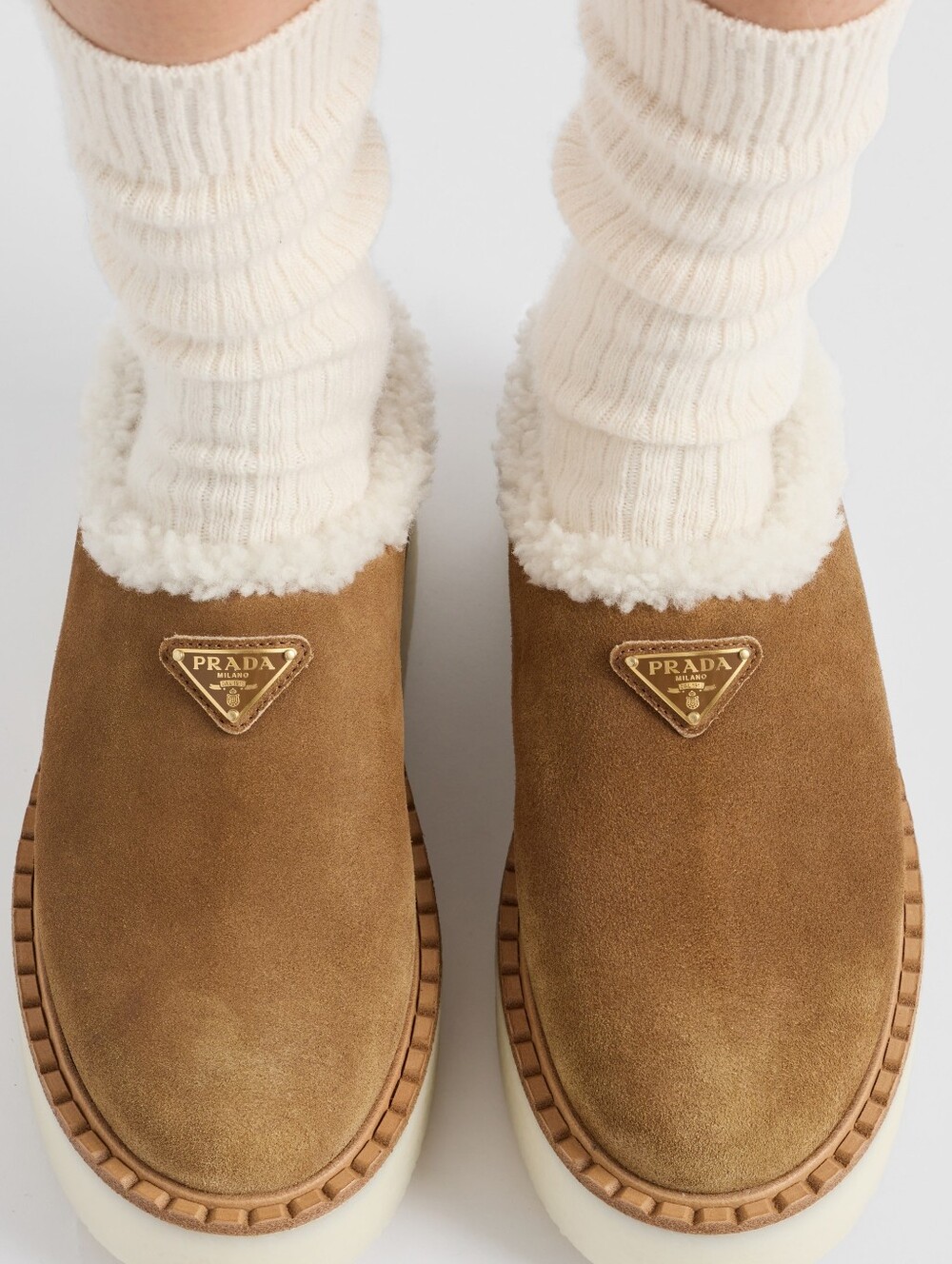 Prada Evolve Suede Shearling Cozy Platform Mule in Cannella/Tan Size 38.5